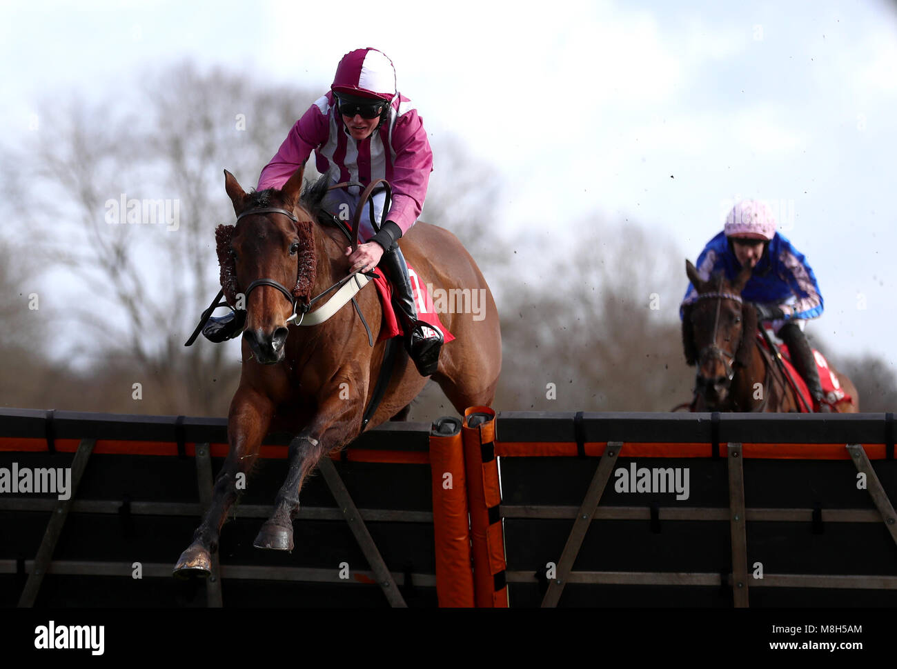 Agent Louise cavalcato da Ryan Giorno (sinistra) salta l'ultimo prima di vincere il Betfred il giorno di San Patrizio Mares' Handicap Hurdle davanti a Tara ben cavalcato da James Nixon durante Betfred Midlands gran giornata nazionale a Uttoxeter Racecourse. Foto Stock