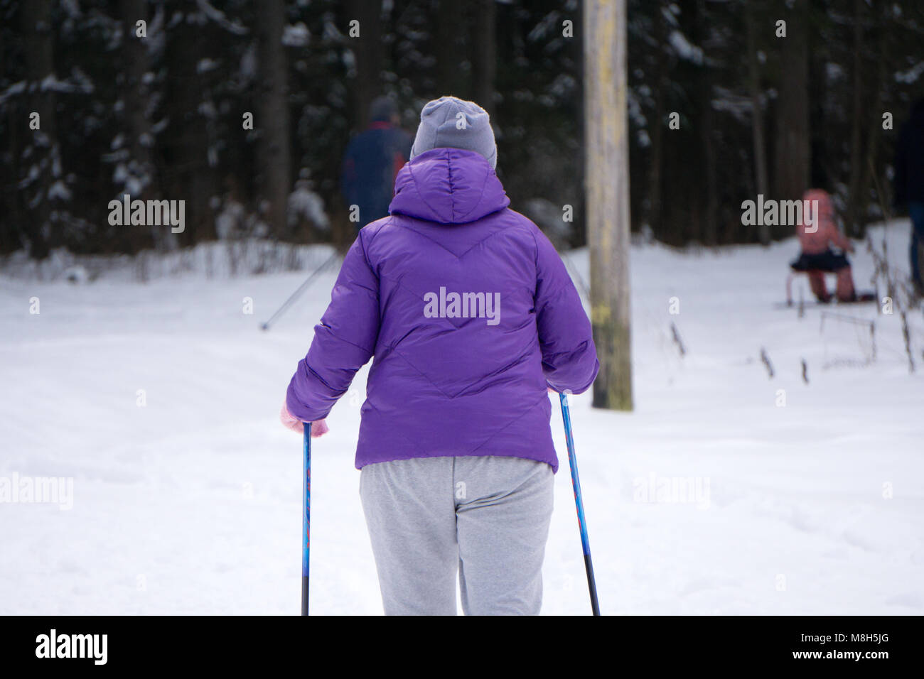 Ragazza sci durante la nevicata meteo località sciistica sciatore indossa  una veste blu cappotto invernale, viola hot pants, pantaloncini blu e guanti  bianchi. La struttura copre le sno Foto stock - Alamy