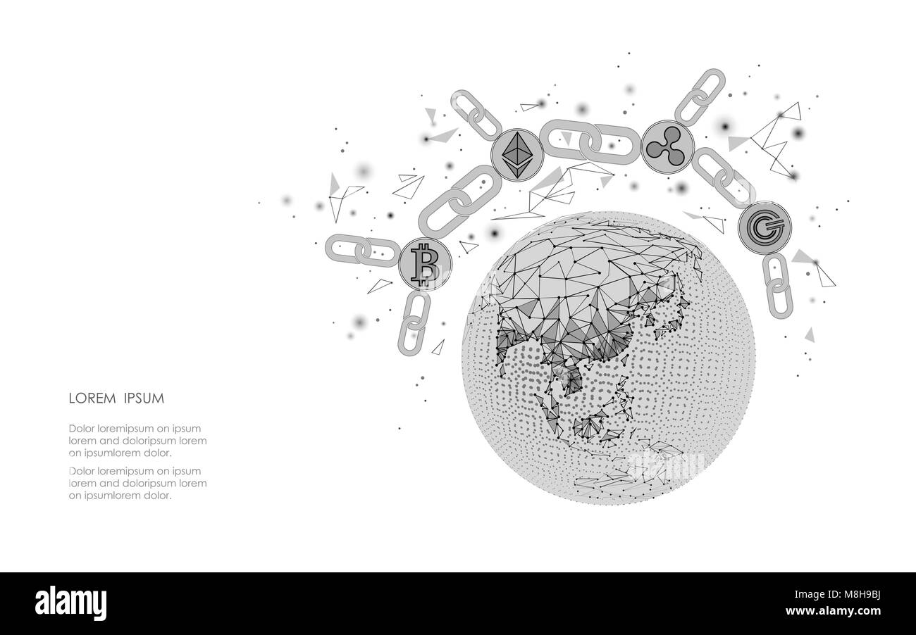 Ethereum Ripple Bitcoin coin cryptocurrency digitale global pianeta Terra. Grande informazioni dati tecnologia mineraria. Astratto bianco internet web electronic international sicurezza pagamento illustrazione vettoriale Illustrazione Vettoriale
