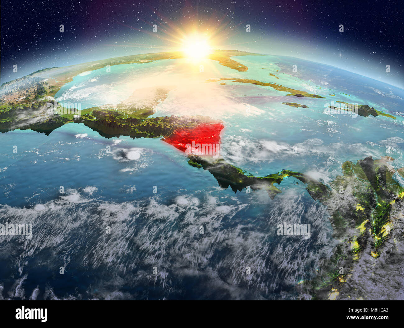 Vista satellitare del Nicaragua evidenziata in rosso sul pianeta Terra con le nuvole durante il sunrise. 3D'illustrazione. Gli elementi di questa immagine fornita dalla NASA. Foto Stock