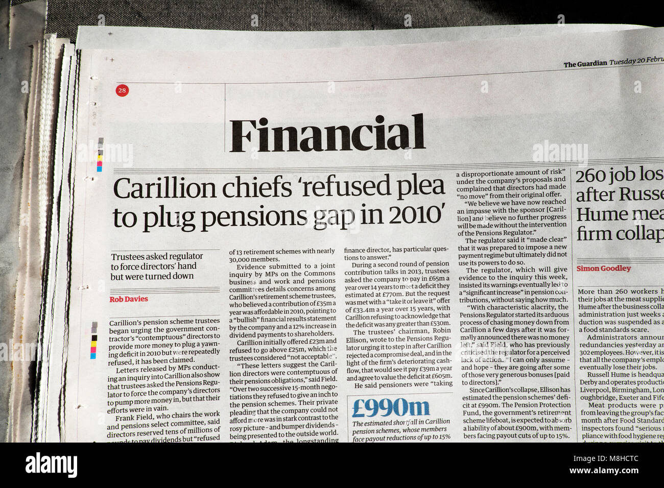 "Carillion chiefs rifiutato motivo per tappare le pensioni gap in 2010' quotidiano Guardian Articolo 20 febbraio 2018 Londra Inghilterra REGNO UNITO Foto Stock