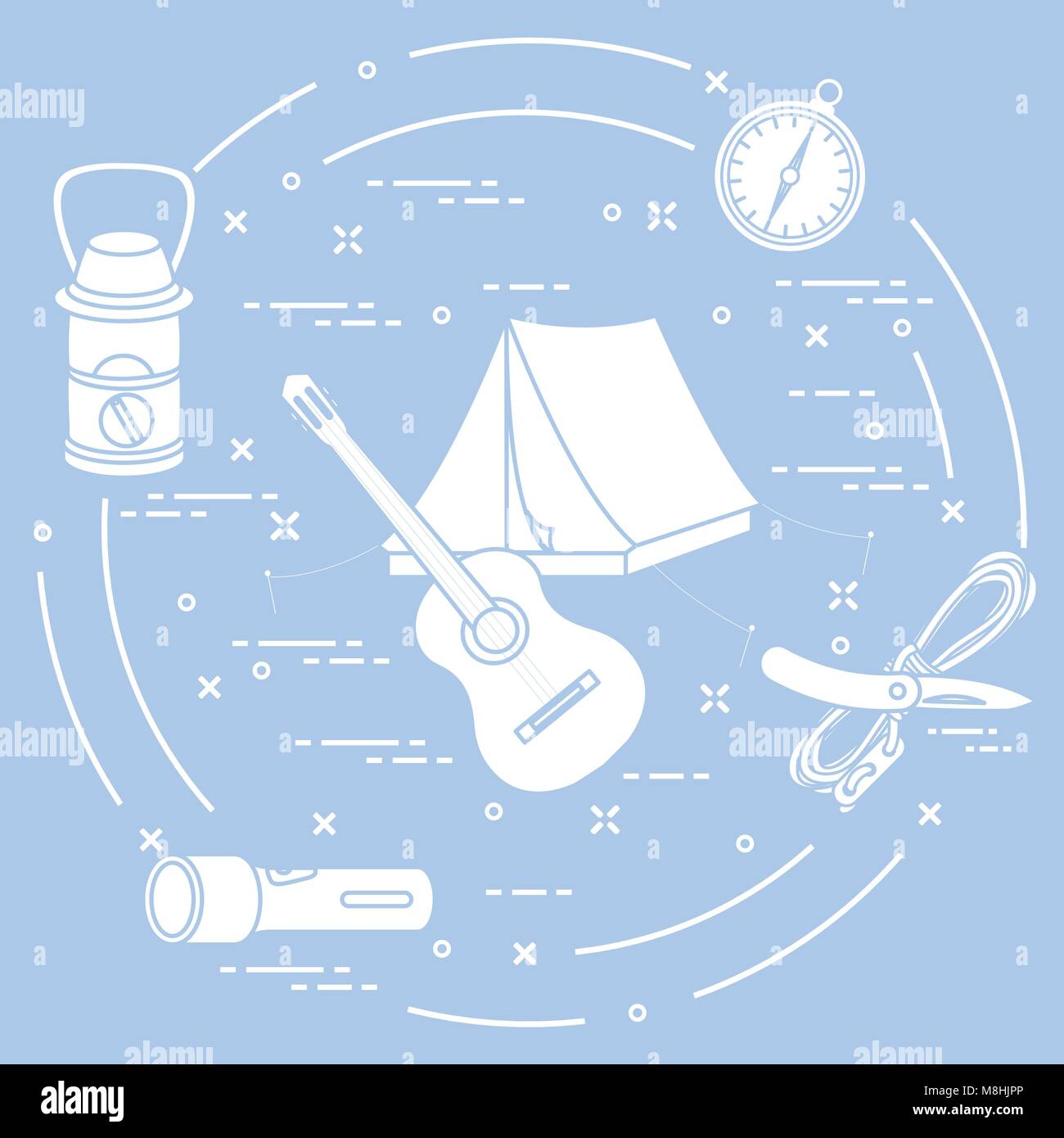 Turismo e attività ricreative all'aperto. Tenda turistica, chitarra, torcia, corda, coltello, bussola, lampada. Illustrazione Vettoriale
