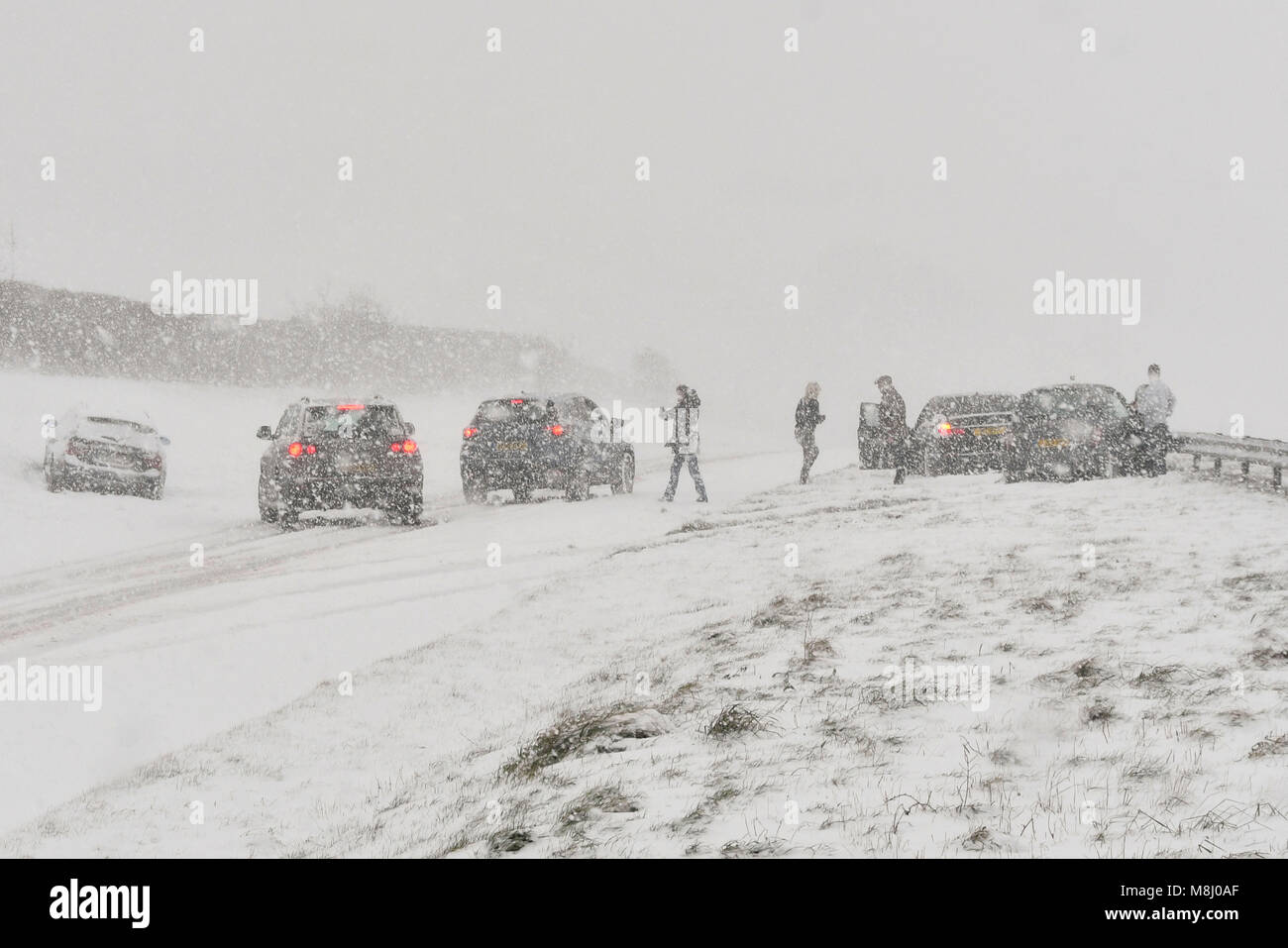 Long Bredy, Dorset, Regno Unito. Il 18 marzo 2018. Regno Unito Meteo. La gente fuori dei loro veicoli dopo un incidente che coinvolge 2 vetture che skidded fuori strada e colpire le barriere nella centrale di prenotazione durante condizioni di Blizzard sulla A35 a lunga Bredy tra Bridport e Dorchester nel Dorset come neve pesante che ha coperto la strada, rende la guida pericolosa. Credito Foto: Graham Hunt/Alamy Live News. Foto Stock