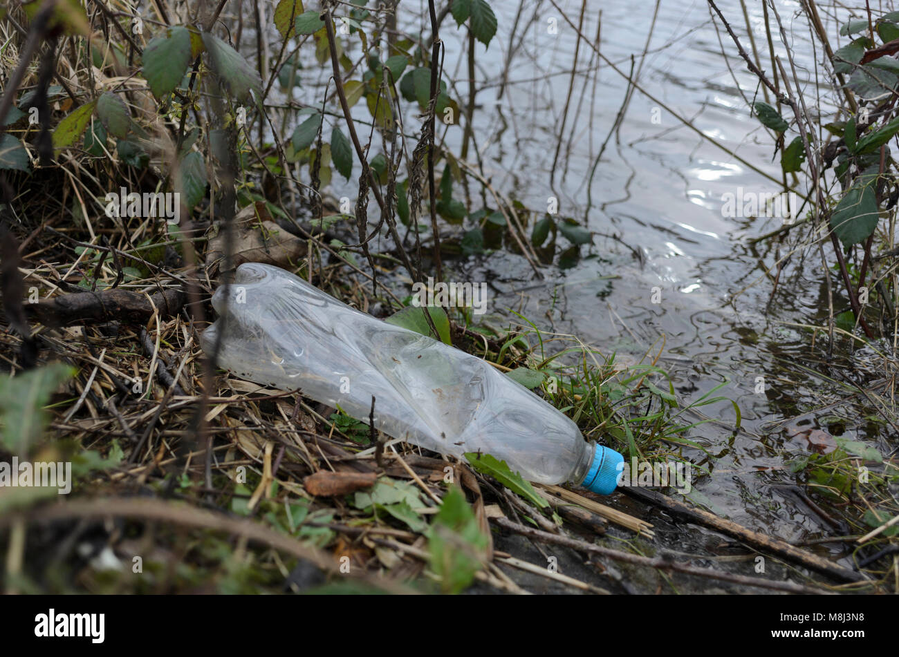 La bottiglia di plastica nel fiume Foto Stock