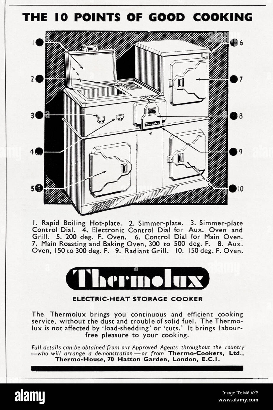 Anni Cinquanta originale vecchia vintage pubblicità pubblicità Thermolux  elettrico ad accumulo di calore fornello in rivista inglese del 1950 circa  Foto stock - Alamy