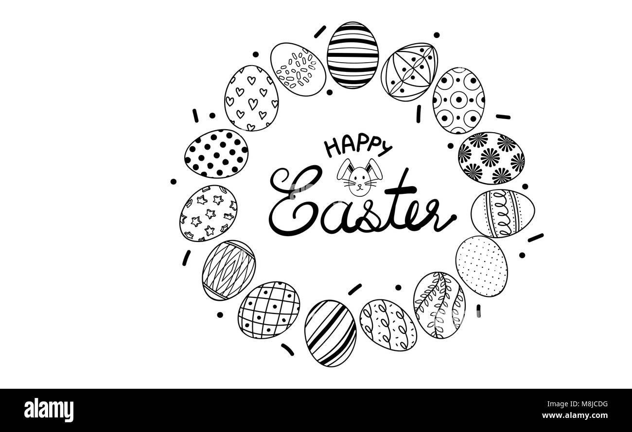Carino uova di Pasqua nel contorno nero linea fino alla sommità e fondo con spazio per il testo al centro. Poster o logo design per il festival di Pasqua in ve Illustrazione Vettoriale
