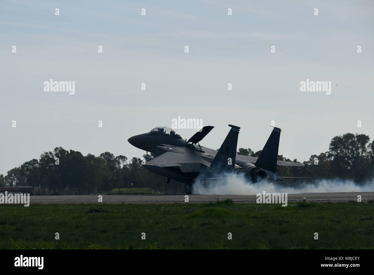 Un F-15E Strike Eagle, assegnato all'492nd Fighter Squadron della Royal Air Force Lakenheath, Inghilterra, arriva a Andravida Air Base, Grecia, 7 marzo. Il 492nd FS è che partecipano INIOHOS 18, un Hellenic Air Force-led, grande vigore battenti di esercizio che è slittato per coinvolgere sette paesi e oltre 50 aeromobili. (U.S. Air Force foto/Airman 1. Classe Eli Chevalier) Foto Stock