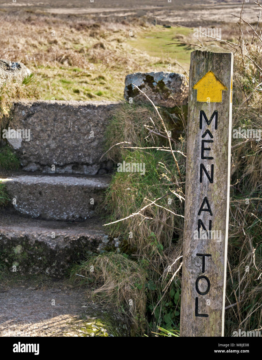 Palo di legno segno per gli uomini un Tol pietre in piedi vicino a Madron, Cornwall, Regno Unito Foto Stock