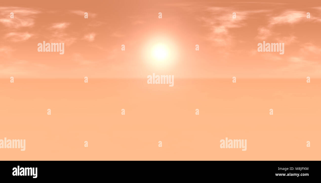 10k HDRI mappa: sun nel torbido cielo rosso su un paesaggio deserto su un pianeta alieno (alta risoluzione mappa di ambiente per proiezione equirettangolare, sphe Foto Stock