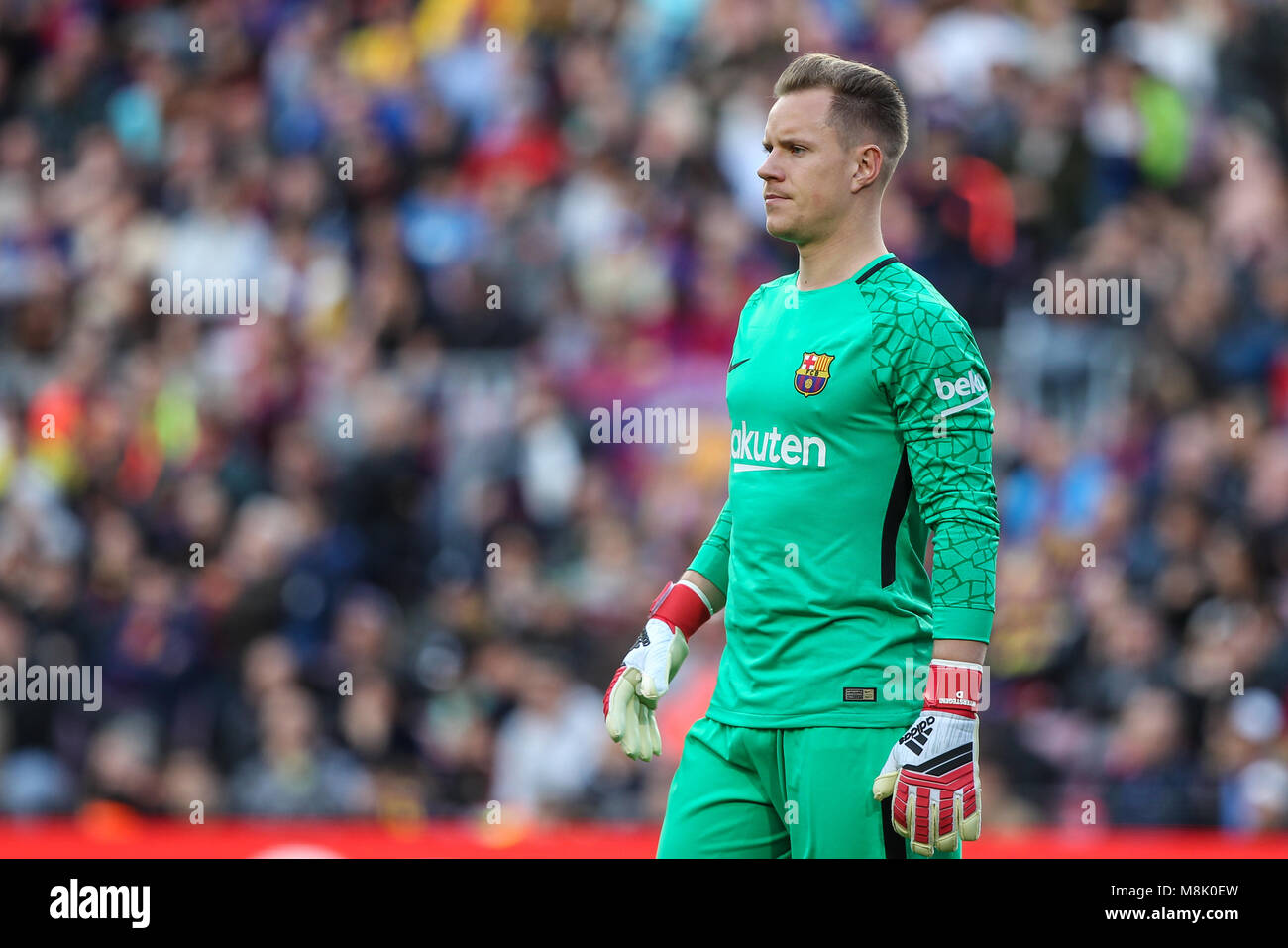 Il 18 marzo 2018 Marc-andré ter Stegen portiere del FC Barcelona durante il 2017/2018 LaLiga Santander Round 29 gioco tra FC Barcelona e Athletic Bilbao al Camp Nou il 19 marzo 2018 a Barcellona, Spagna. (Foto di Ukko Immagini / Pacific Stampa) Foto Stock
