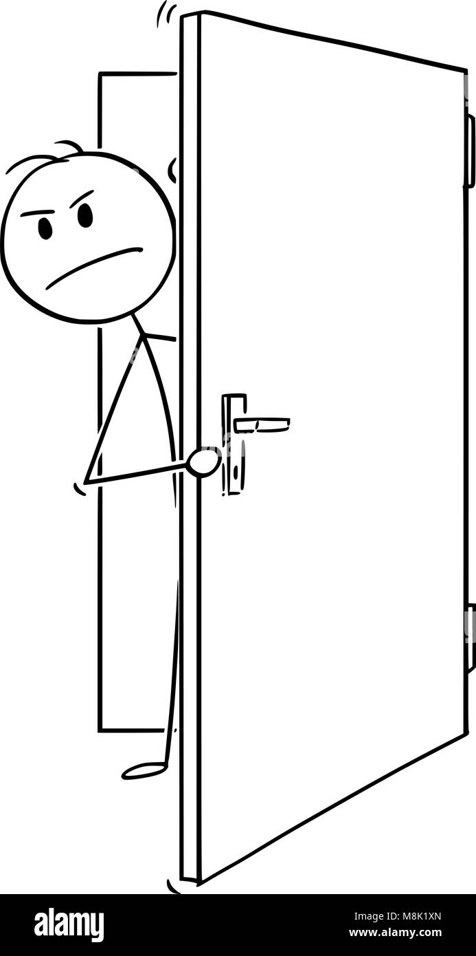 Cartoon di Angry Man o imprenditore sbirciando fuori della porta aperta Illustrazione Vettoriale