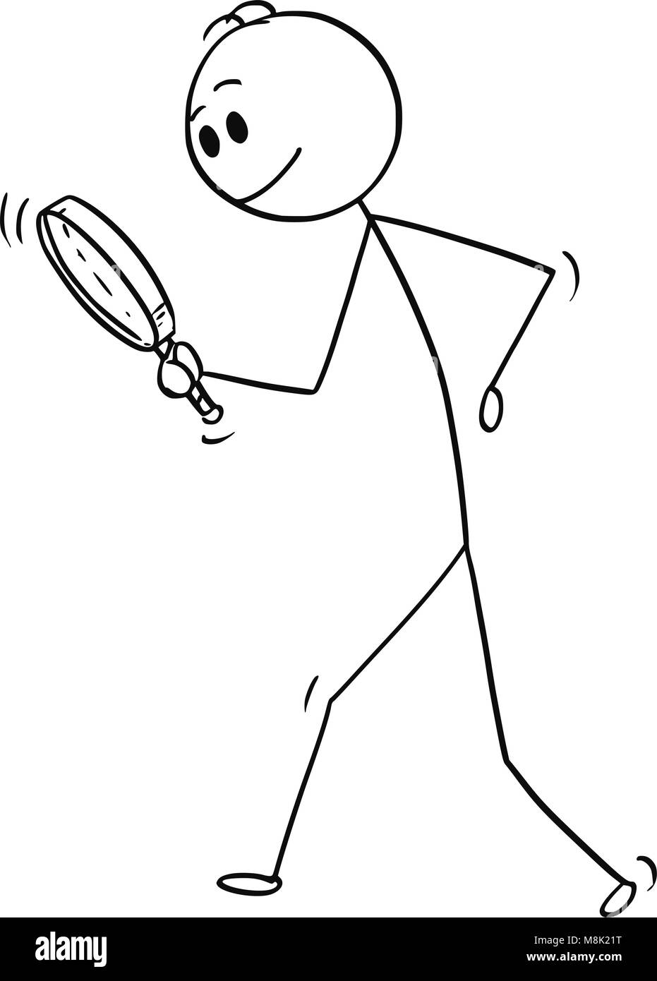 Cartoon di uomo o imprenditore Ricerca con lente in vetro a mano o alla lente di ingrandimento Illustrazione Vettoriale