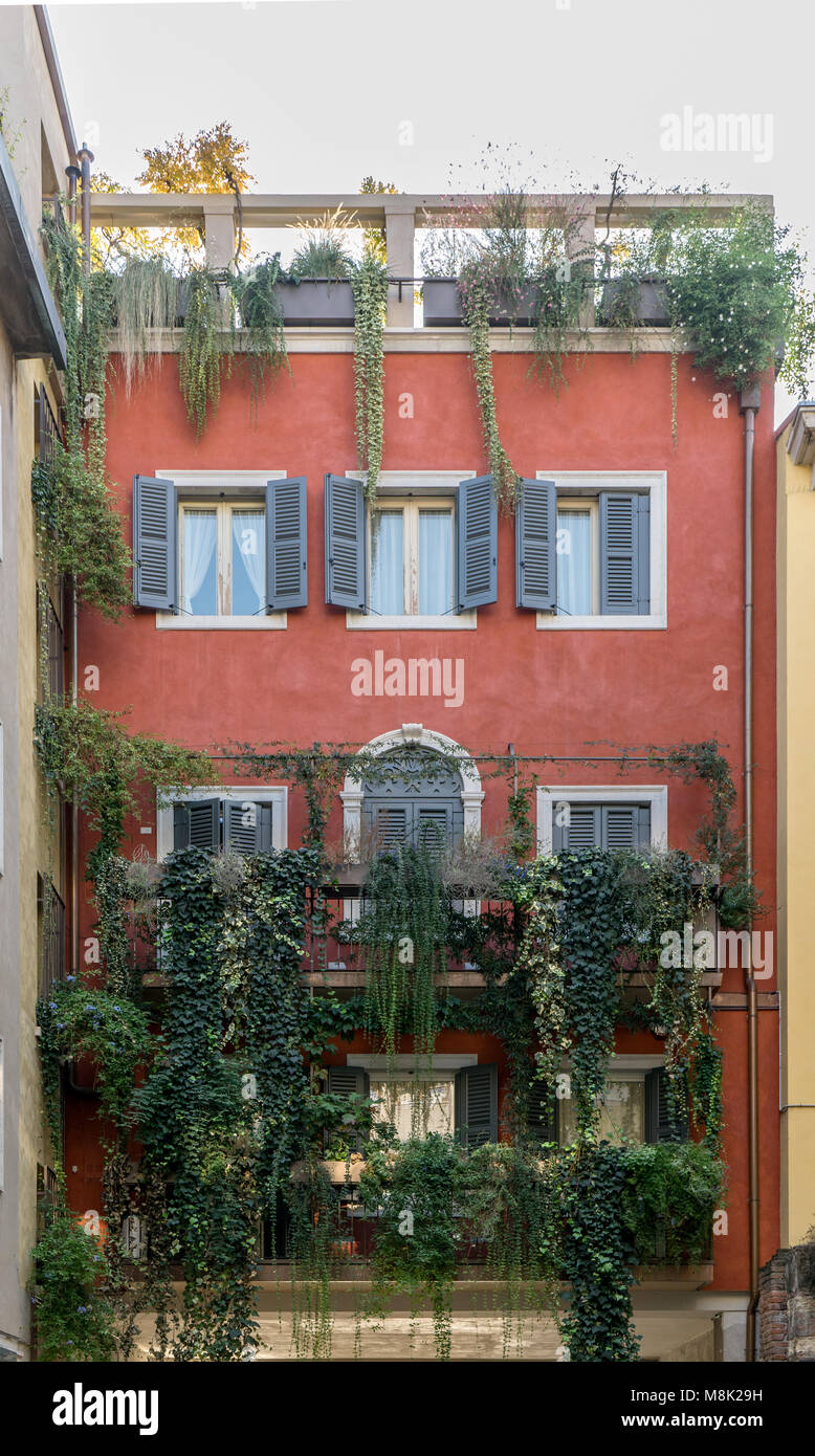 Casa di Verona con facciata di colore rosso, di balcone e molte, piante verdi Foto Stock