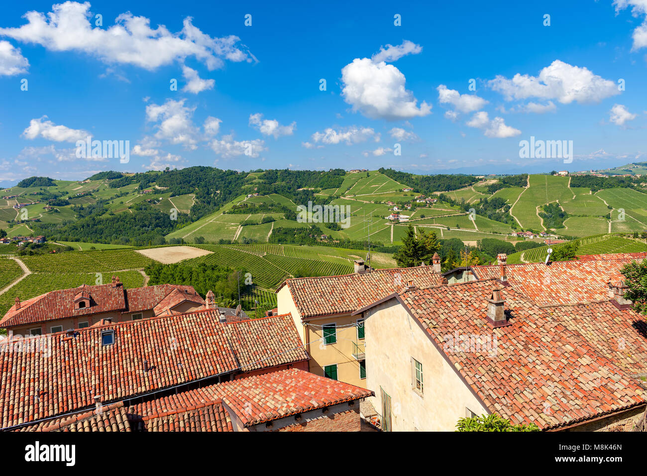 Vista delle case rurali con tetti rossi affacciato sul verde dei vigneti sulle colline sotto il cielo blu con nuvole bianche in primavera in Piemonte, Italia settentrionale. Foto Stock
