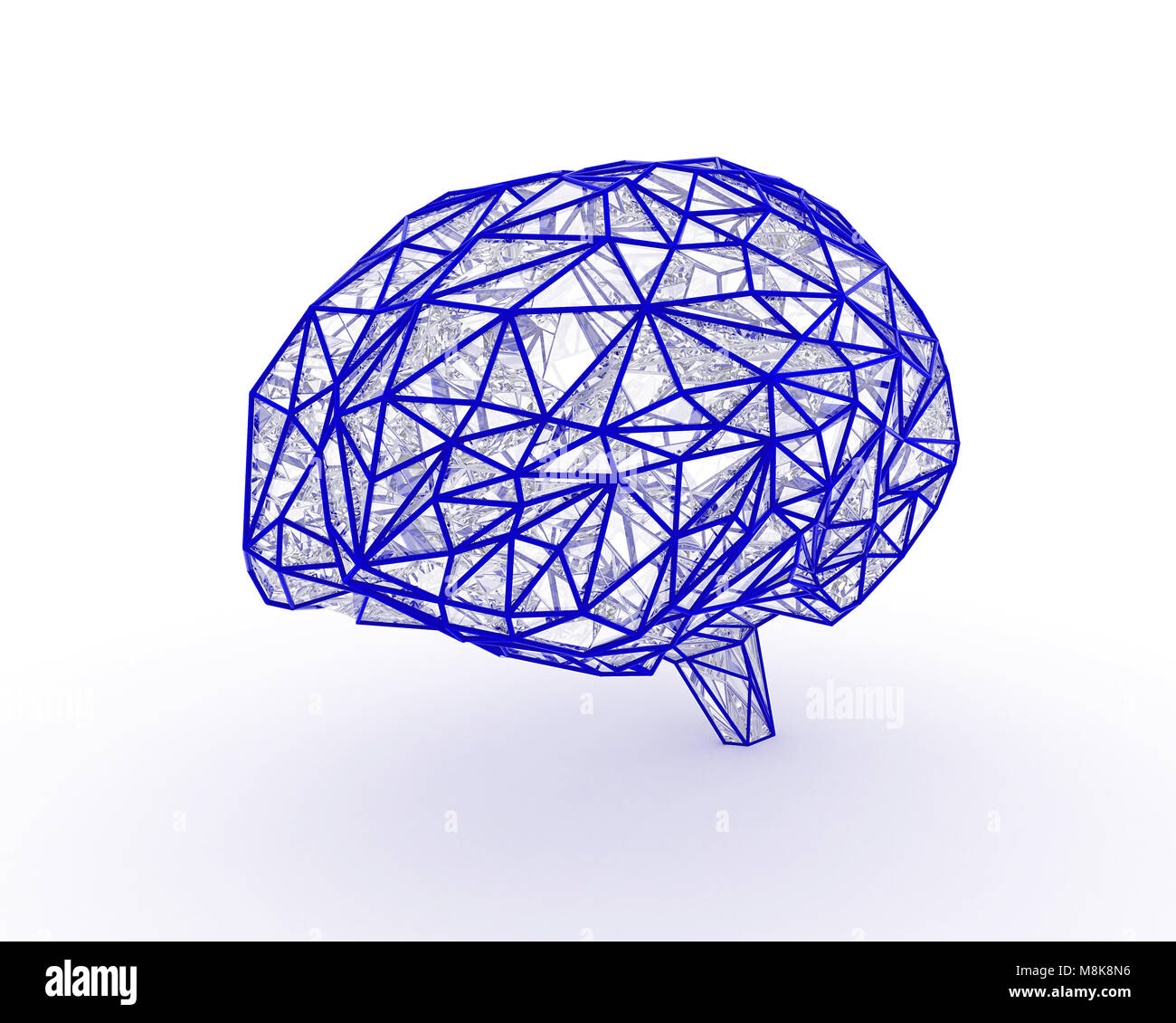 Cervello poligonale a forma di intelligenza artificiale con linee e punti luminosi e di ombra sulla scura sullo sfondo bianco. Il rendering 3D. Foto Stock
