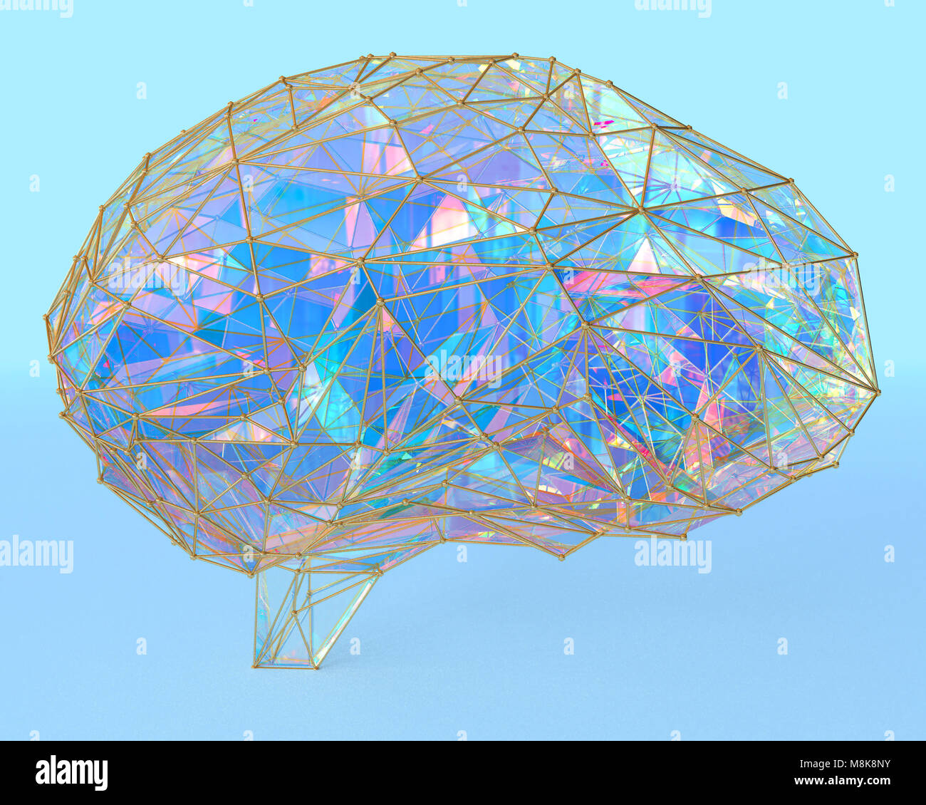 Cervello poligonale a forma di intelligenza artificiale con linee e punti luminosi e di ombra sulla scura sullo sfondo bianco. Il rendering 3D. Foto Stock