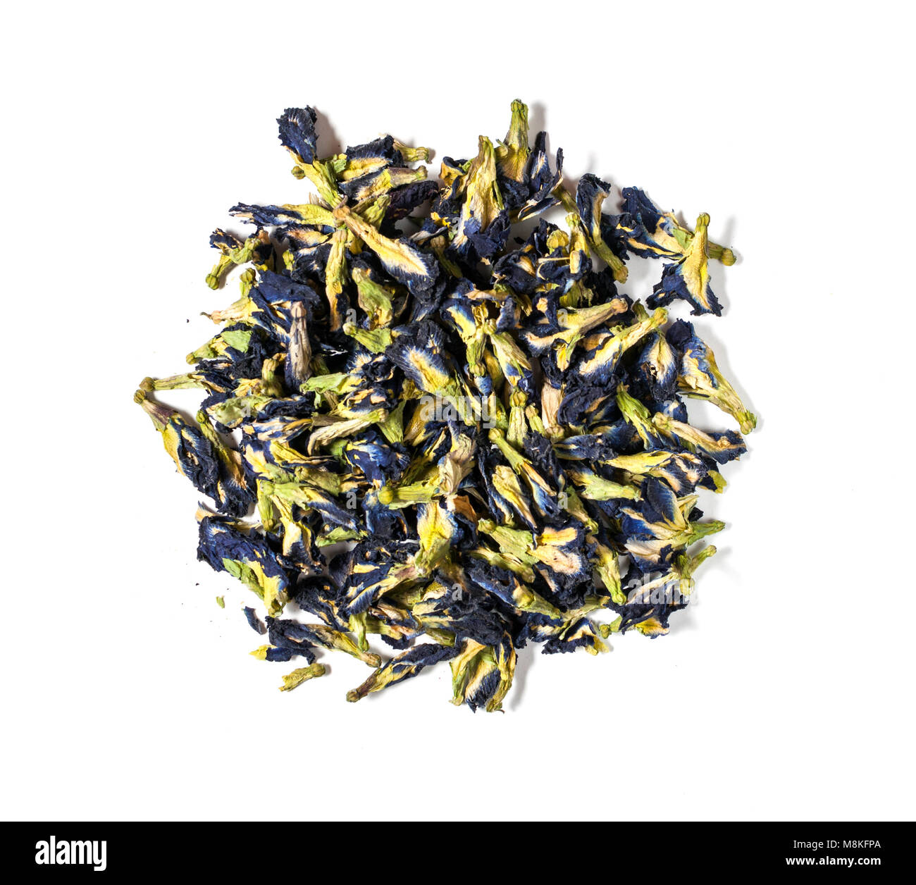 Pila di Butterfly pea su sfondo bianco. Foto Stock