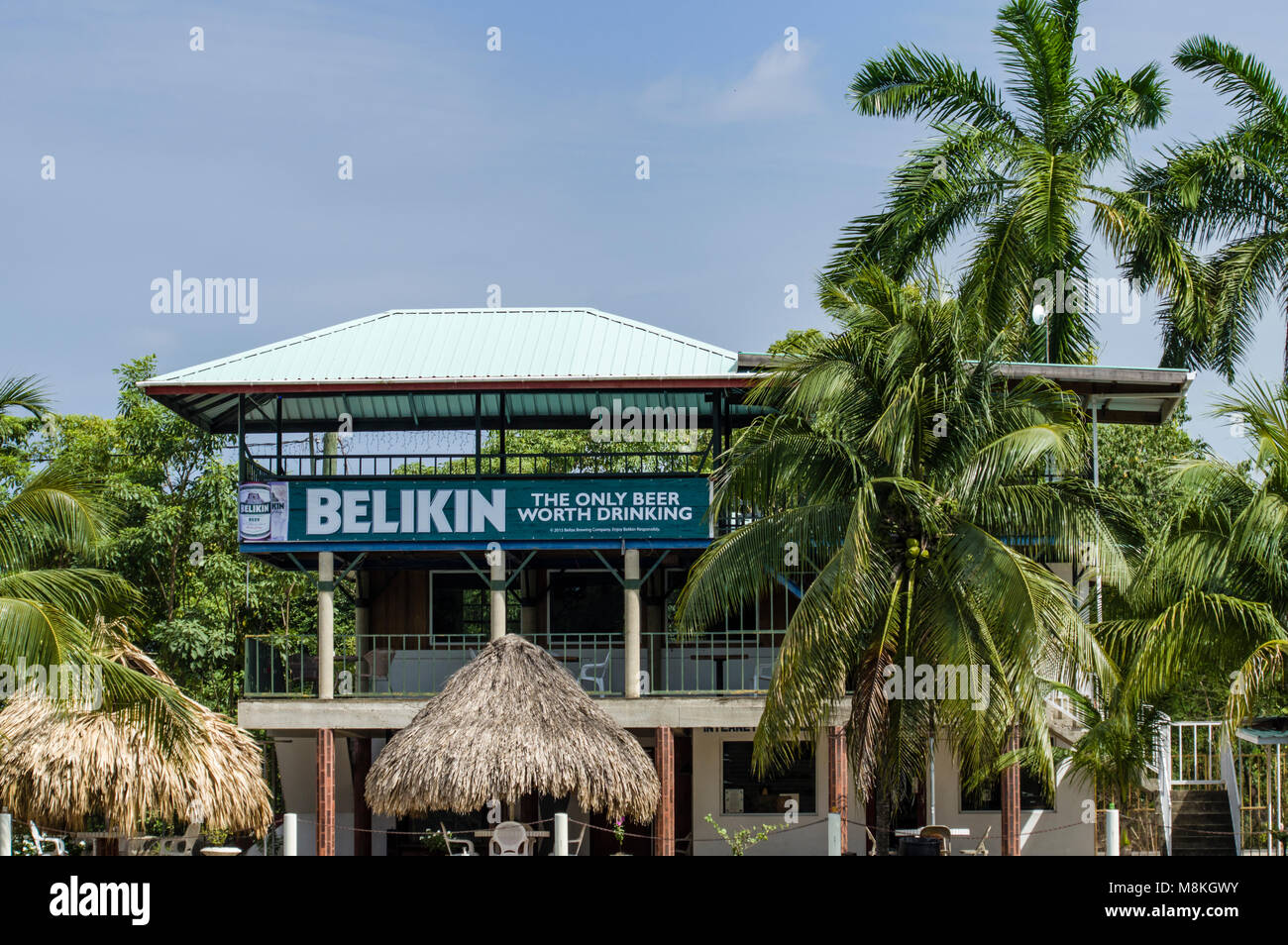 Birra Belikin segno esterno di una taverna sul fiume Belize. Belize Foto Stock
