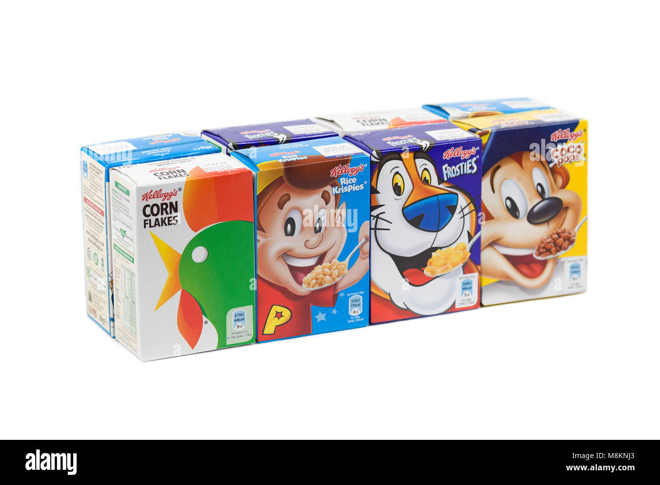 Kellogg's mini scatole di cereali su sfondo bianco Foto Stock