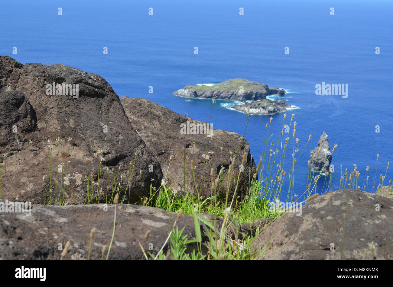 Motu Nui, Motu Iti e Motu UAE UAE di isolotti di origine vulcanica di Rapa Nui (l'isola di pasqua) Foto Stock