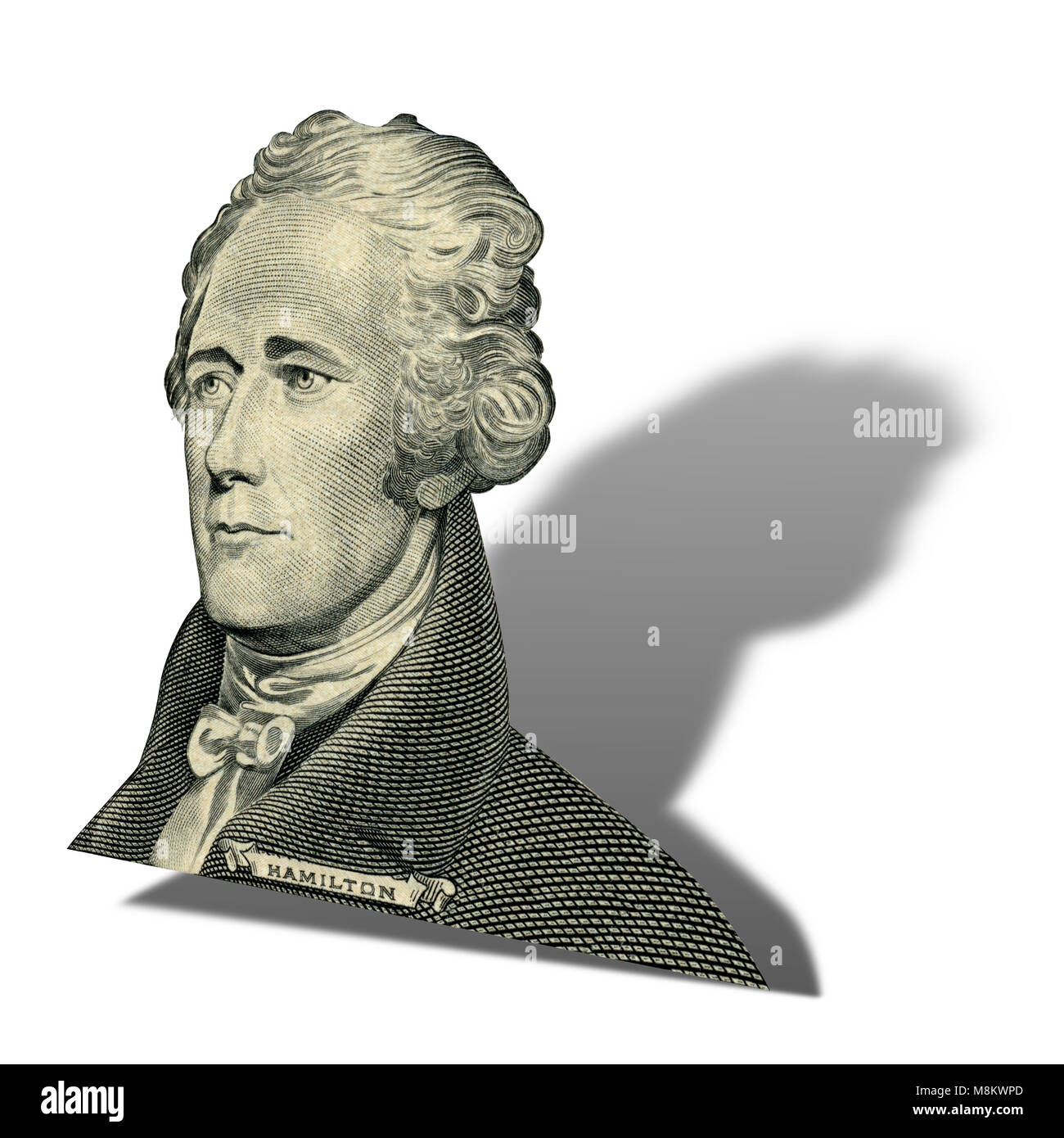 Primo Segretario del Tesoro Alexander Hamilton. Ritratto qualitativa da 10 dollari banconota isolater sfondo bianco. Foto ad un angolo di 45 degre Foto Stock