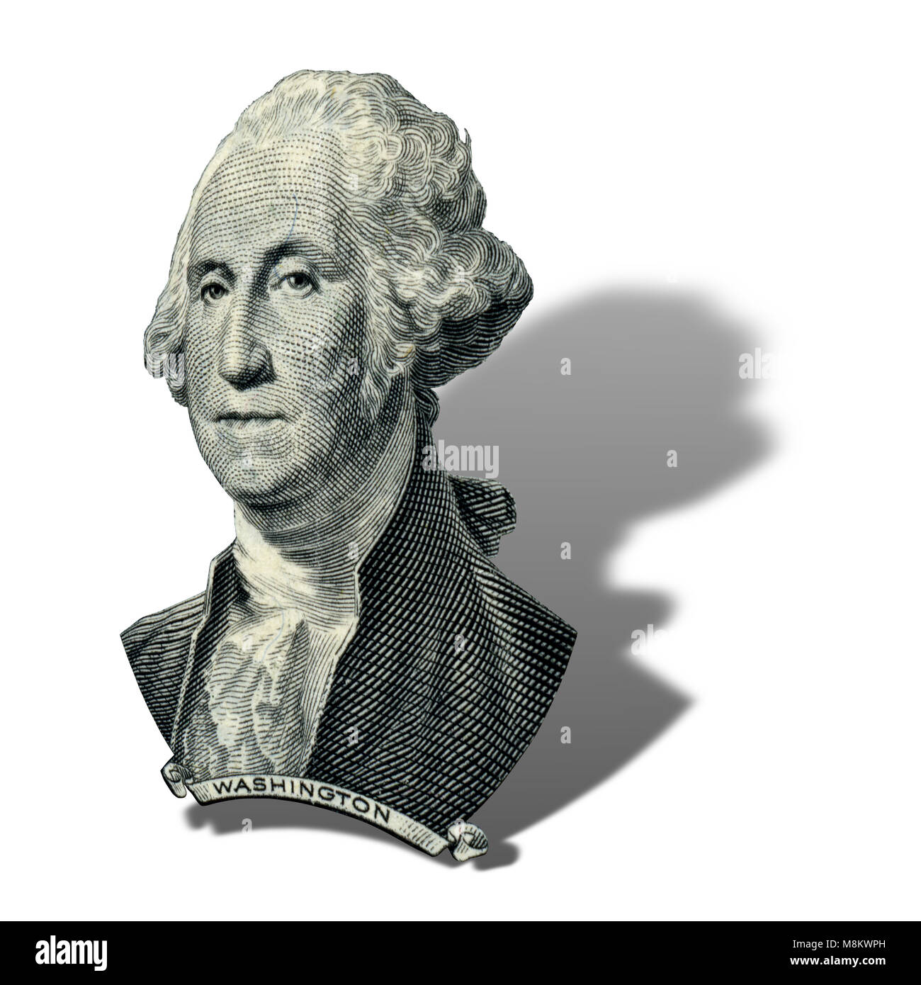 Ritratto del primo Presidente USA George Washington come egli guarda su un dollaro complementare. Foto a un angolo di quarantacinque gradi, con un'ombra. Foto Stock
