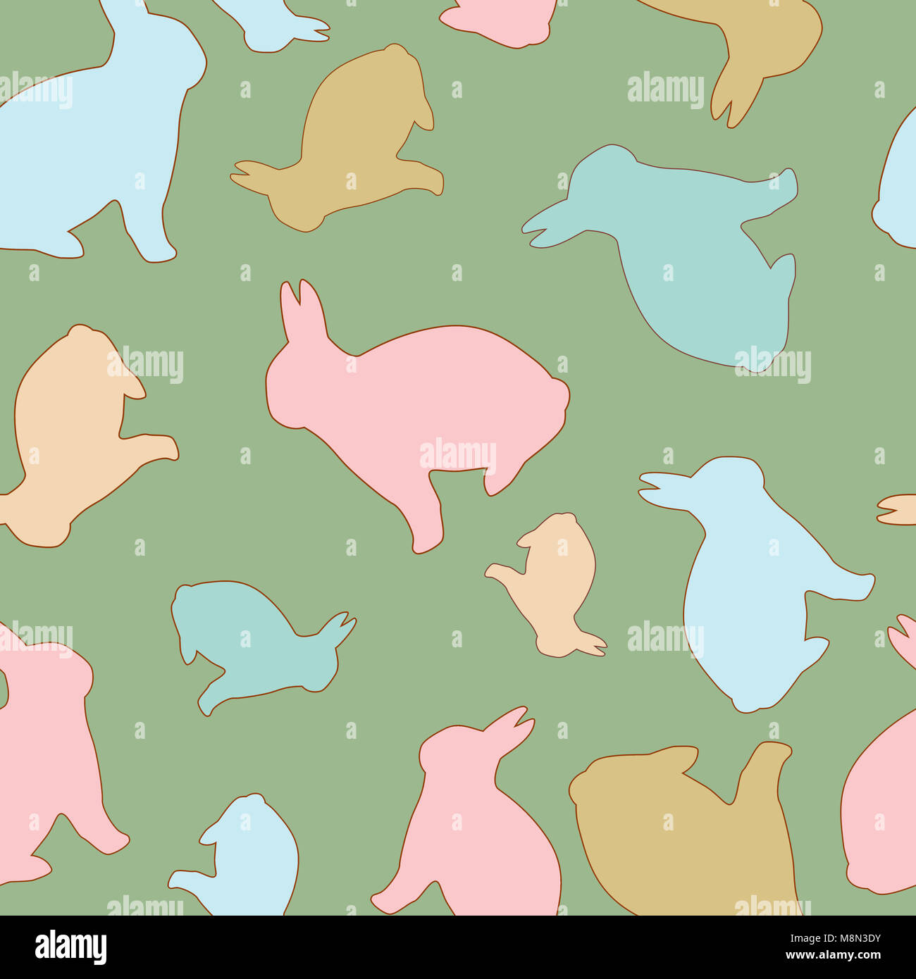 Bunny modello senza cuciture in colori pastello. Coniglietto di pasqua isolato di sfondo sul verde. Conigli di pastello su sfondo verde. Coniglietto di pasqua Rapport. Foto Stock