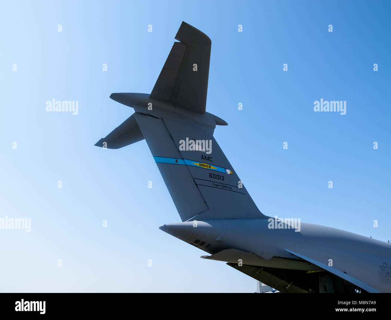 Coda di Lockheed C-5 Galaxy, militare cargo aereo strategico, International Aviation & Space Salon a Mosca. ZHUKOWSKY, RUSSIA - Agosto 16, 2011 Foto Stock