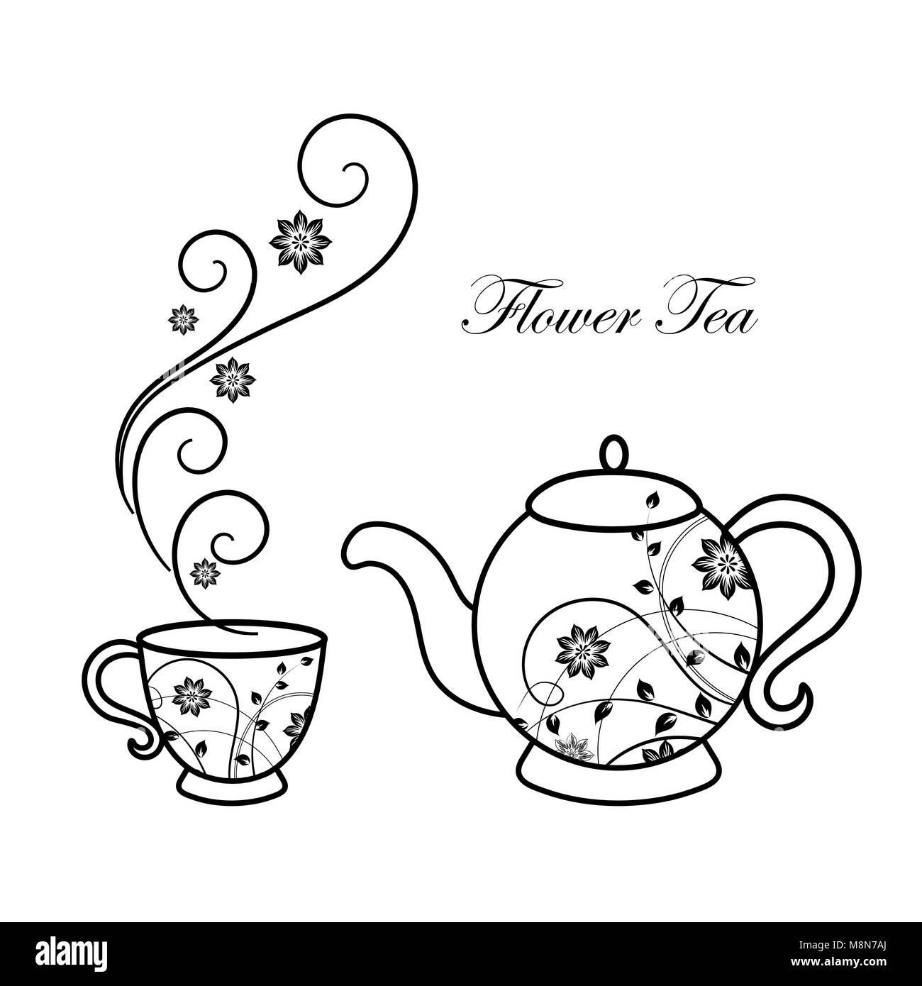 Teiera e tazza con disegno floreale elementi. Illustrazione Vettoriale