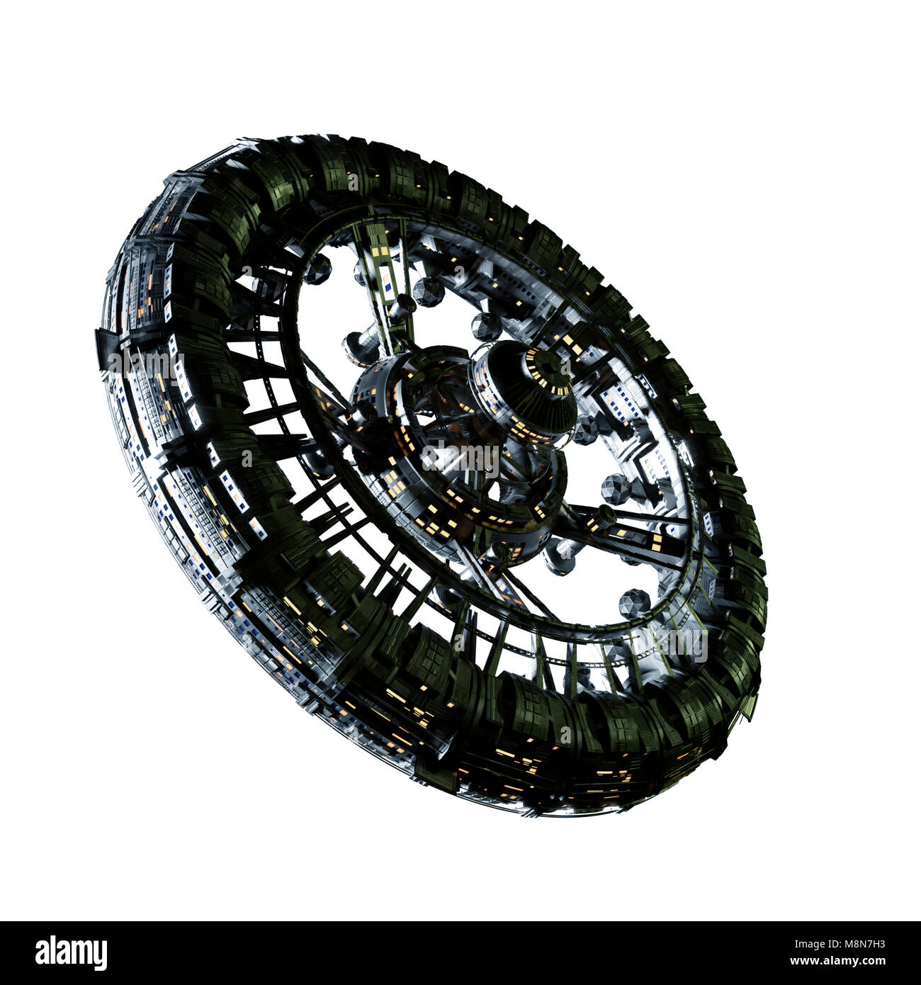 Futuristica stazione spaziale isolato su sfondo bianco, ad alto dettaglio veicolo spaziale (3d science fiction illustrazione) Foto Stock