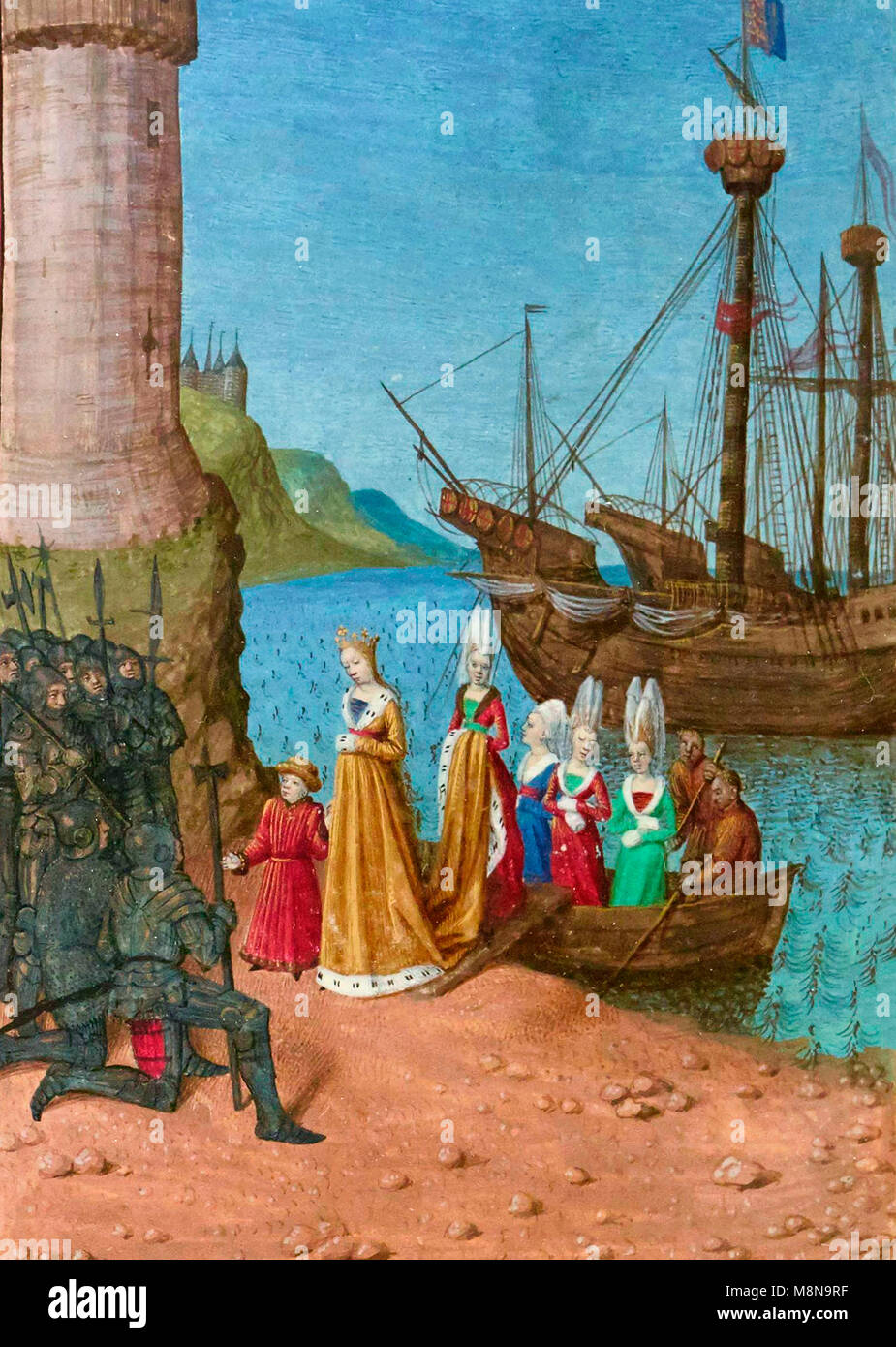 Ritorno di Isabelle dalla Francia in Inghilterra. Sbarco al Porto di Harwick, Isabelle de France, moglie di Edward II d'Inghilterra, accompagnato dal suo figlio Edward, affronta i soldati che è venuto a catturarne lui. Foto Stock