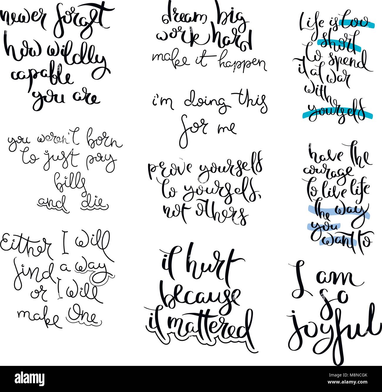 Raccolta di scritti a mano calligraphy cita la motivazione per la vita e la felicità. Impostare per la Postcard, poster, stampe e biglietti graphic design. Illustrazione Vettoriale