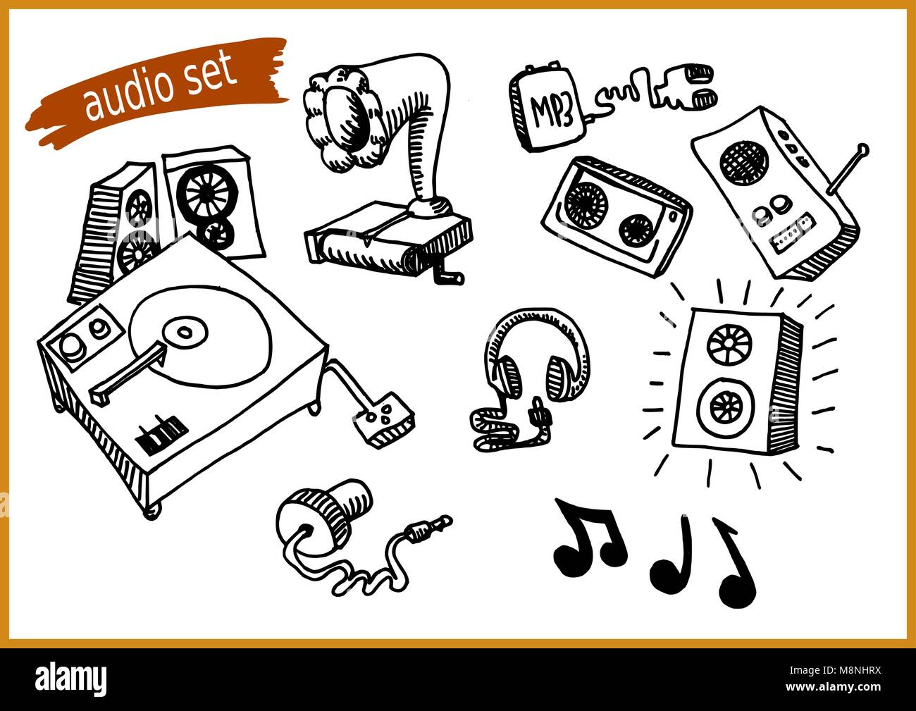 Icona audio impostare compresi gramaphone, radio, lettore di vinile, i tappi  per le orecchie, lettori multimediali e altri accessori Immagine e  Vettoriale - Alamy