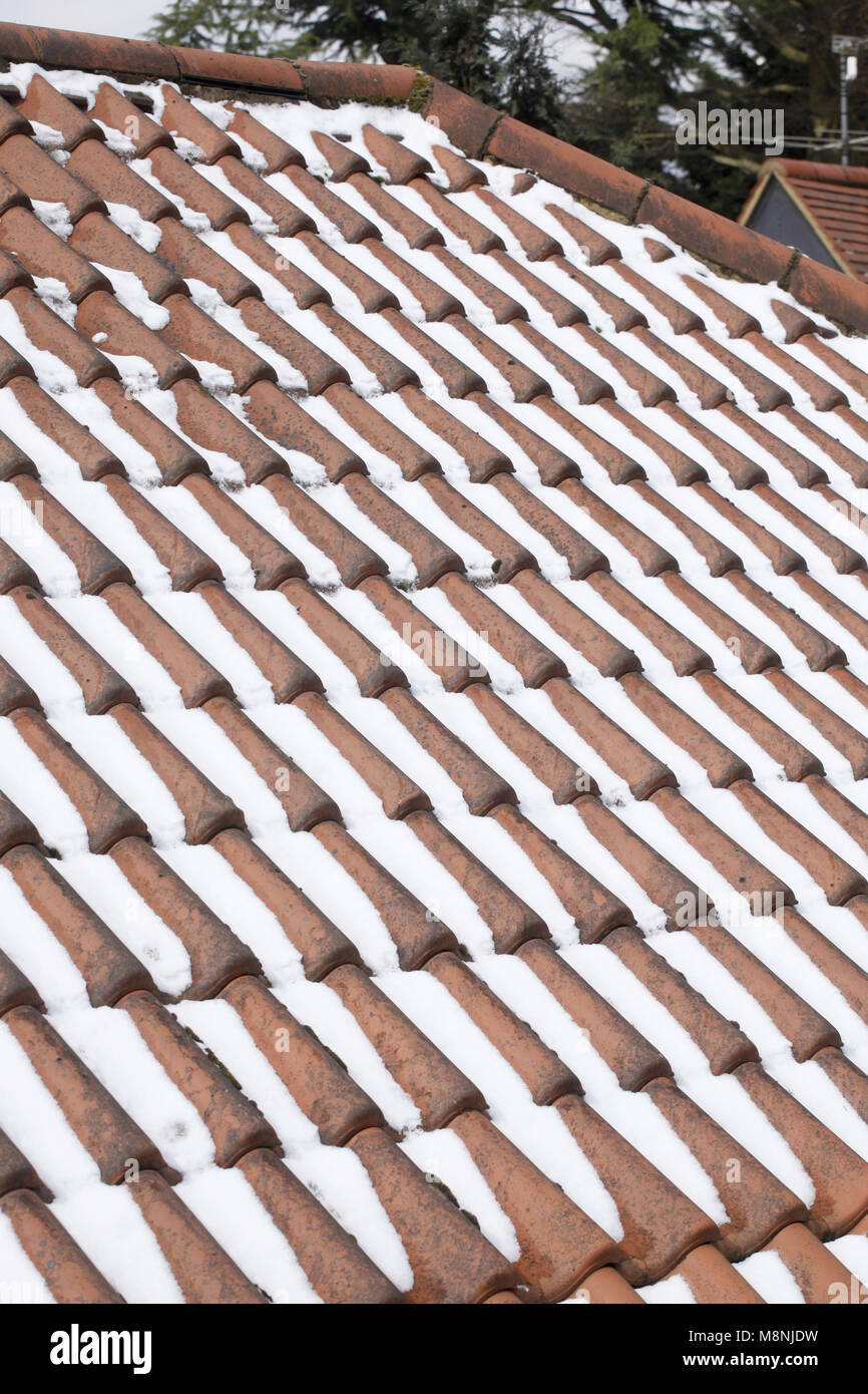 Tegole del tetto con il recente la caduta di neve che li copre in inverno Foto Stock