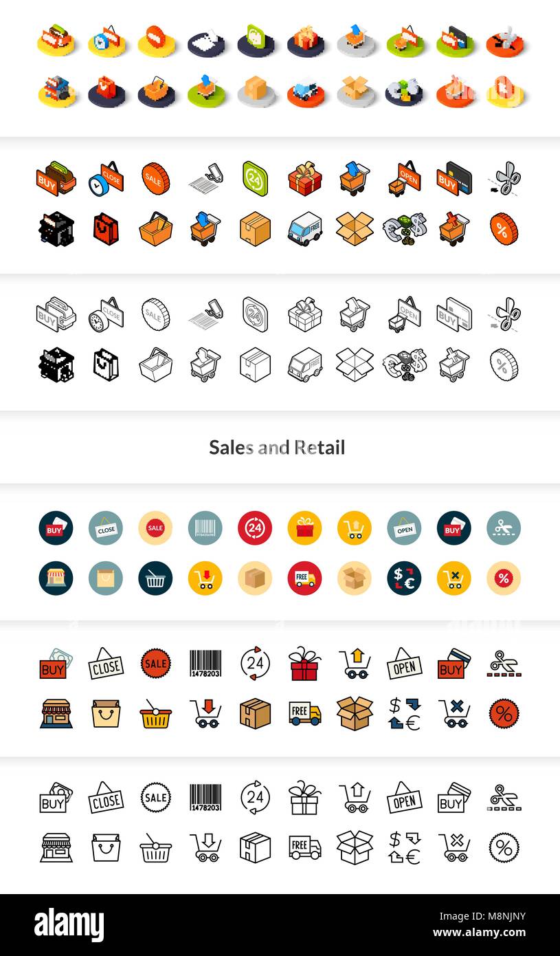 Set di icone in stile differente - isometrica e piatto otline, colorate e le versioni di colore nero Illustrazione Vettoriale