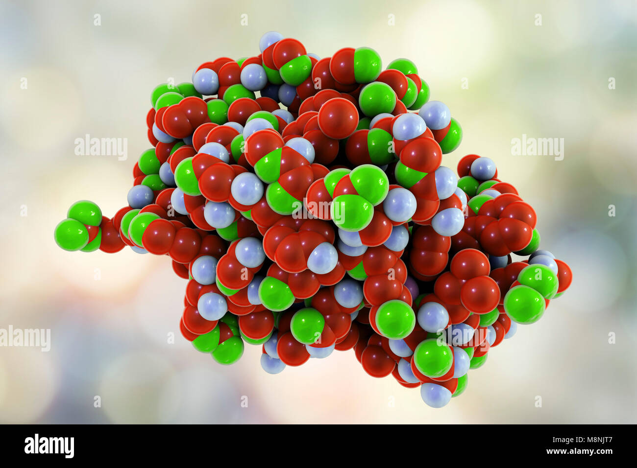 Molecola di lisozima, illustrazione del computer. I lisozimi sono enzimi trovati in una vasta gamma di fluidi biologici come lacrime, saliva e latte. Foto Stock