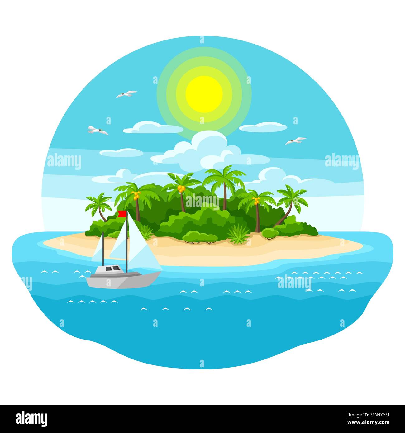 Illustrazione dell'isola tropicale oceano. Paesaggio con oceano, palme e yacht. Sfondo di viaggio Illustrazione Vettoriale