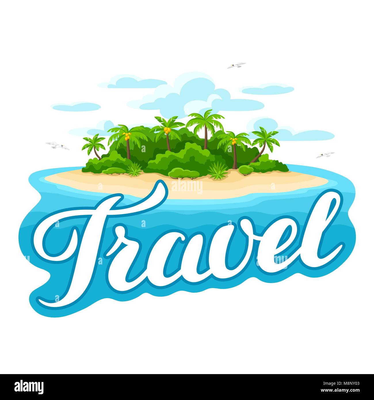 Illustrazione dell'isola tropicale oceano. Paesaggio con oceano e palme. Sfondo di viaggio Illustrazione Vettoriale