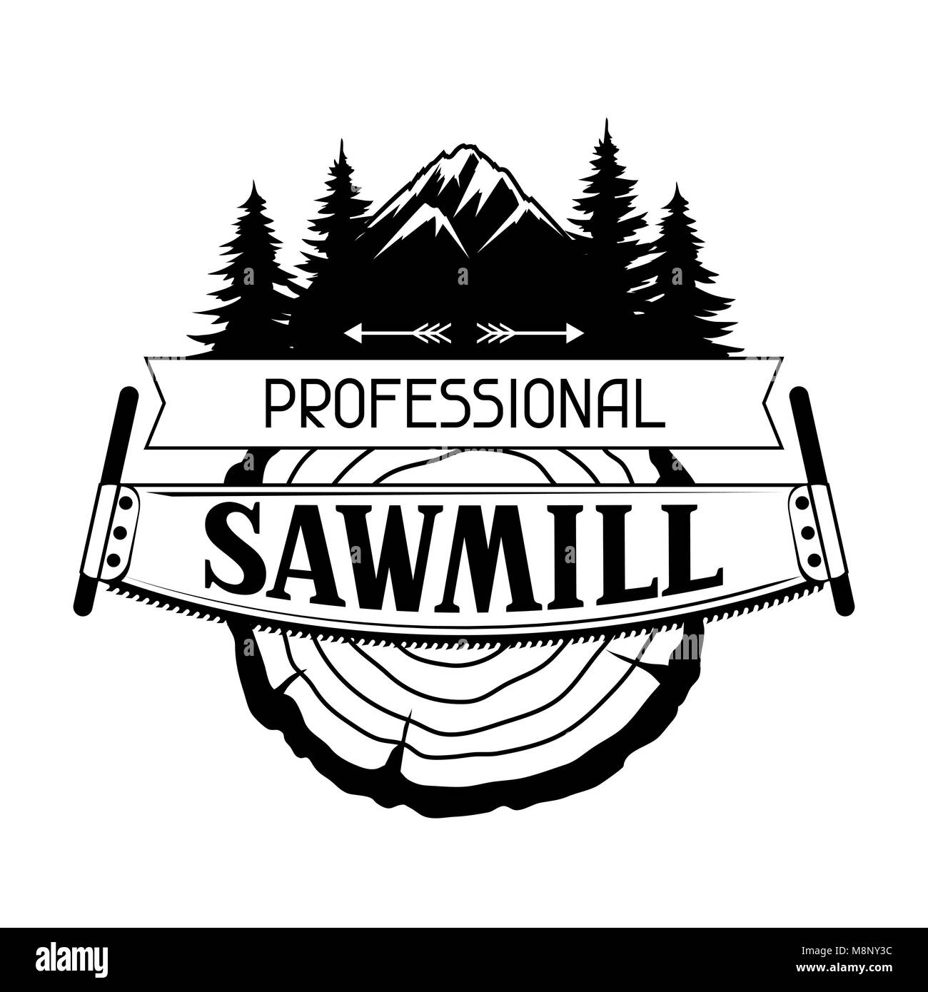 Professional segheria etichetta con moncone di legno e vide. Emblema per la silvicoltura e industria del legname Illustrazione Vettoriale