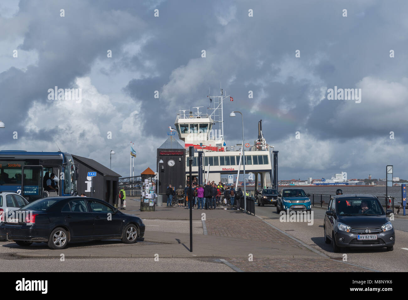 Porto di Nordby su Fanø con il traghetto tra l'isola di Fanoe e la città di Esbjerg, Mare del Nord, nello Jutland, Danimarca e Scandinavia Foto Stock