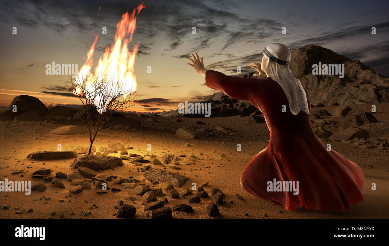 Mosè e il roveto ardente. Storia del libro dell Esodo nella bibbia. L'arbusto era in fiamme, ma non è stato consumato dalle fiamme. Foto Stock