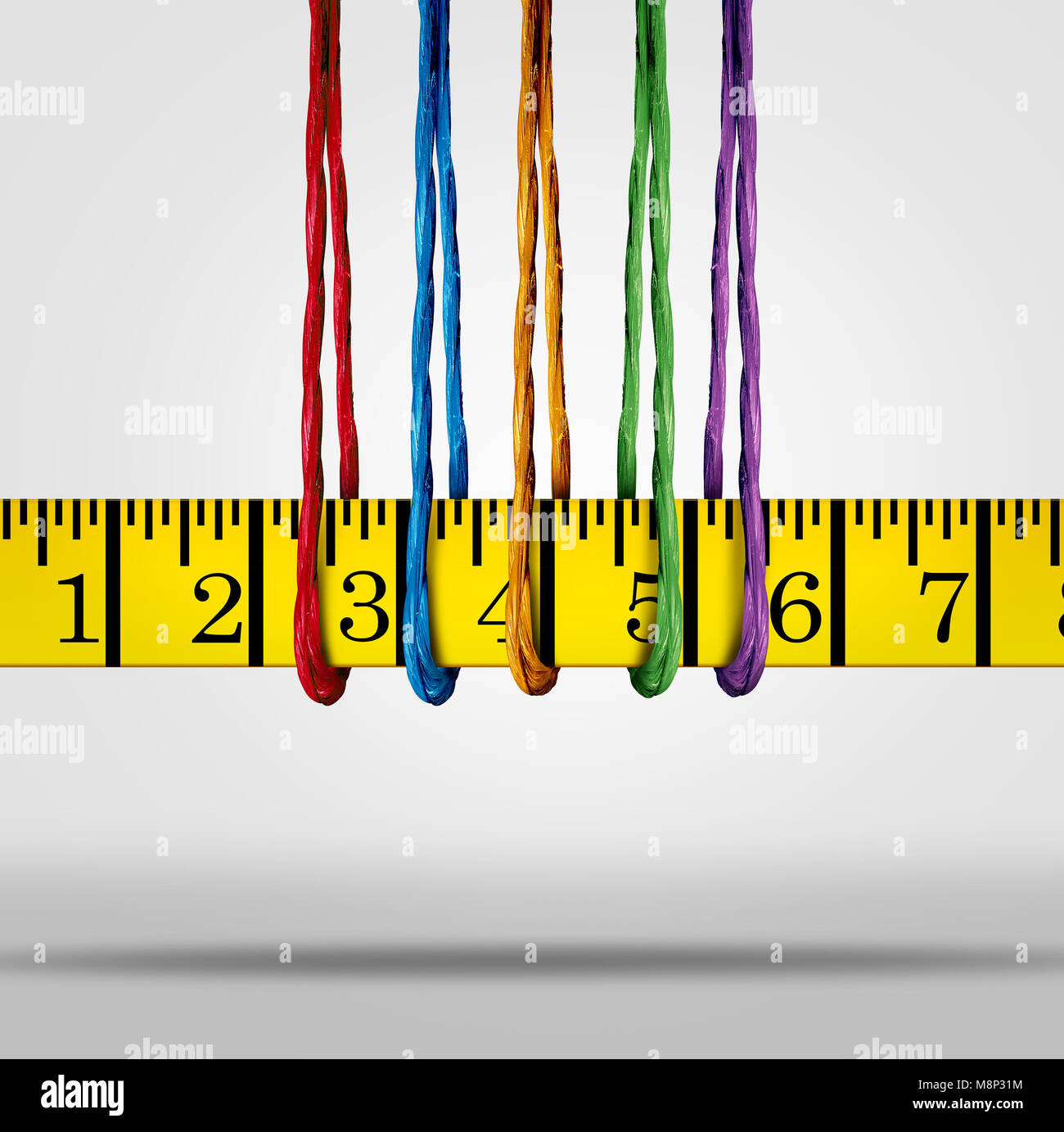 Dieta e perdita di peso del gruppo di supporto come diverse corde tenendo un nastro di misurazione come un 3D'illustrazione. Foto Stock