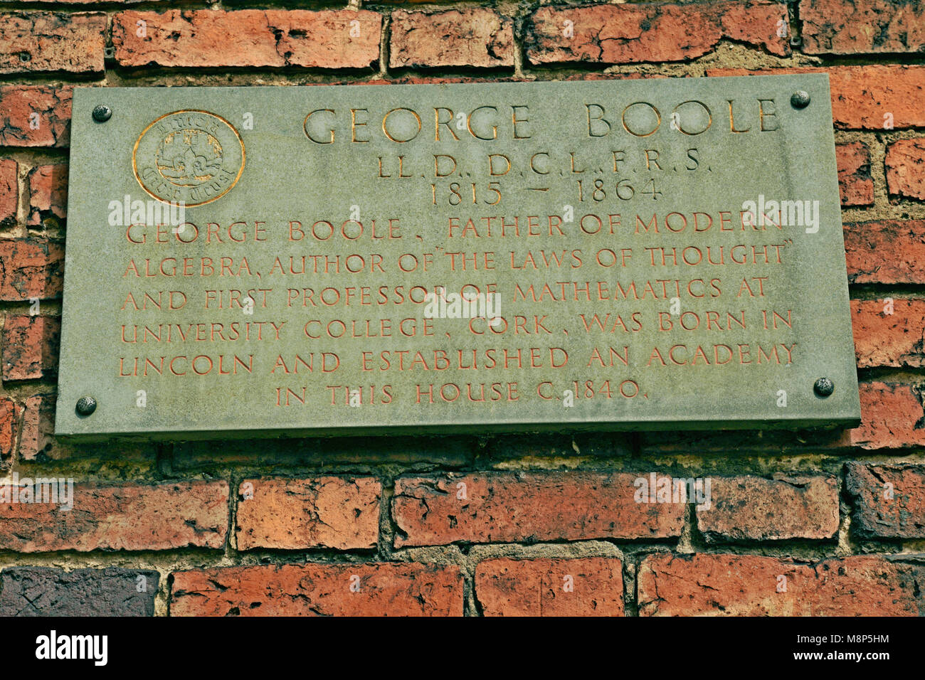 George Boole (Boolean Algebra, base di circuiti logici per computer) lapide commemorativa a Lincoln, Regno Unito Foto Stock