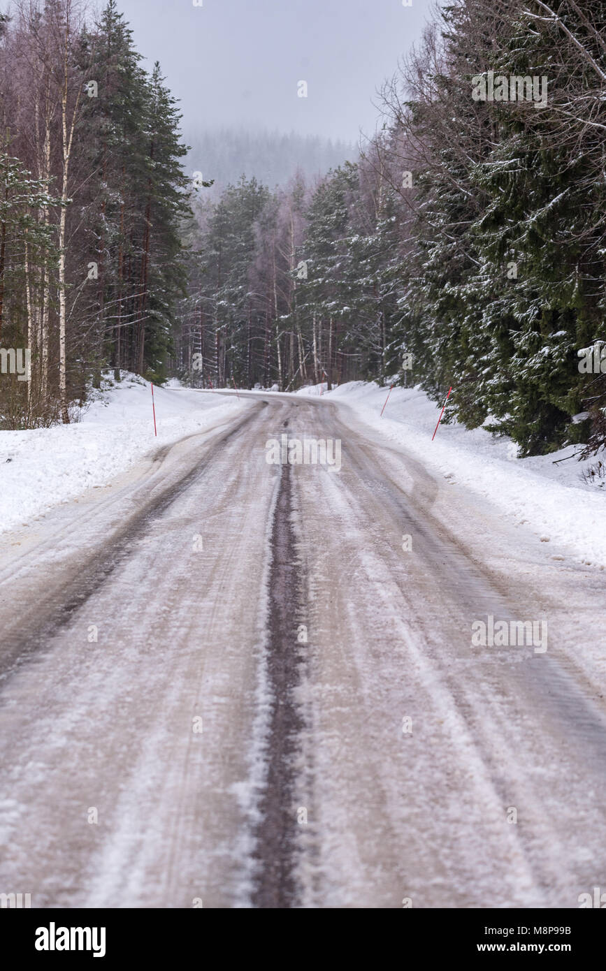 Scivolosa strada ghiacciata in una foresta svedese Foto Stock