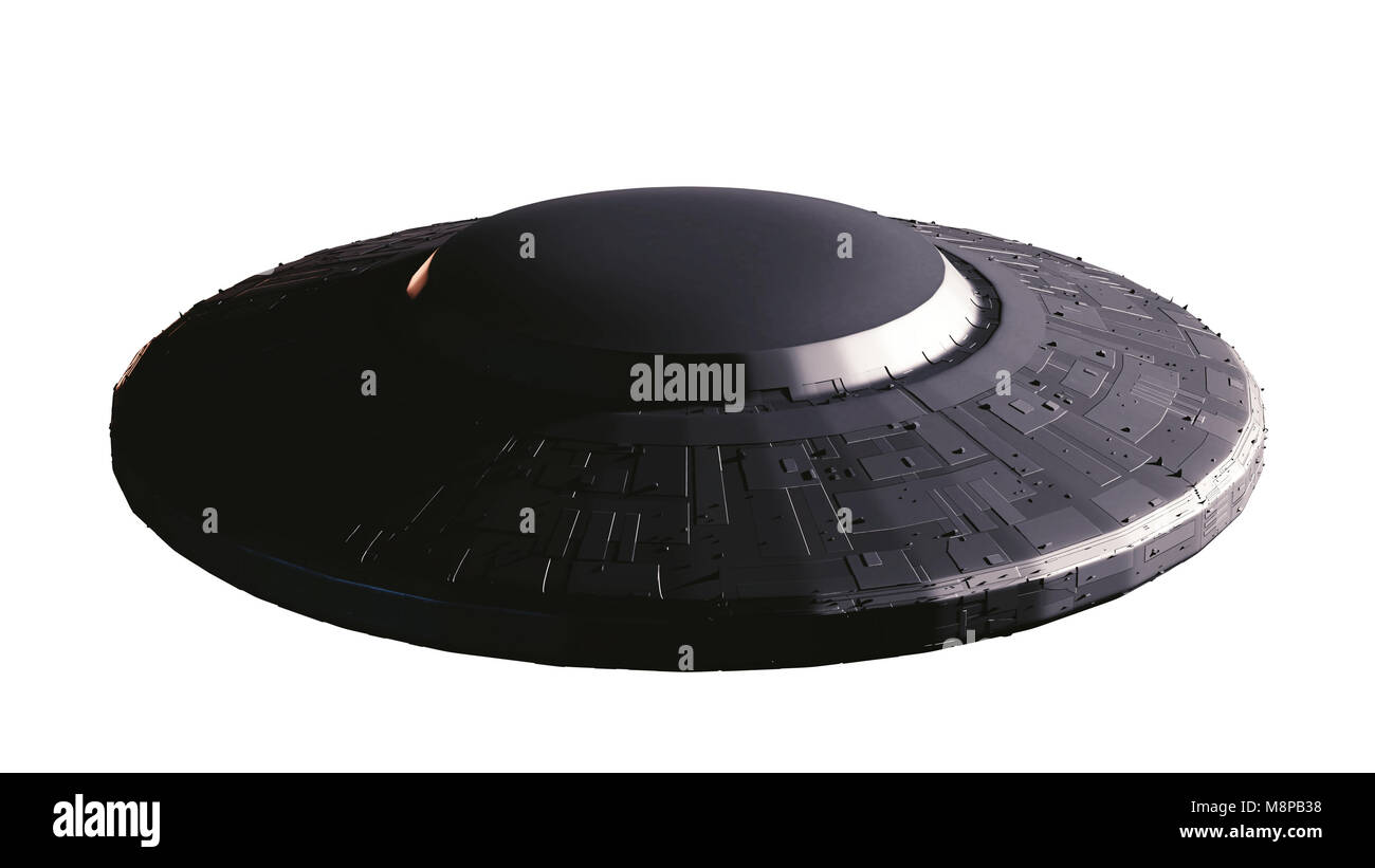 UFO, astronave extraterrestre con alien visitatori, Flying Saucer dallo spazio esterno (3d science fiction illustrazione isolati su sfondo bianco) Foto Stock