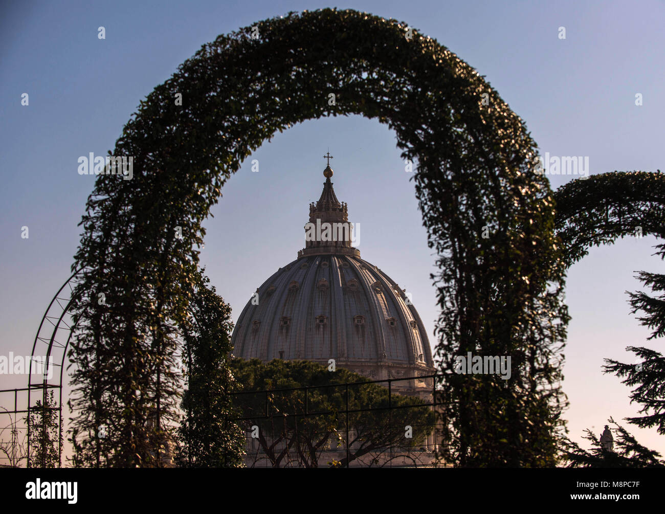 Città del Vaticano. Vista della cupola della Basilica di San Pietro da giardini vaticani. Vaticano. Foto Stock