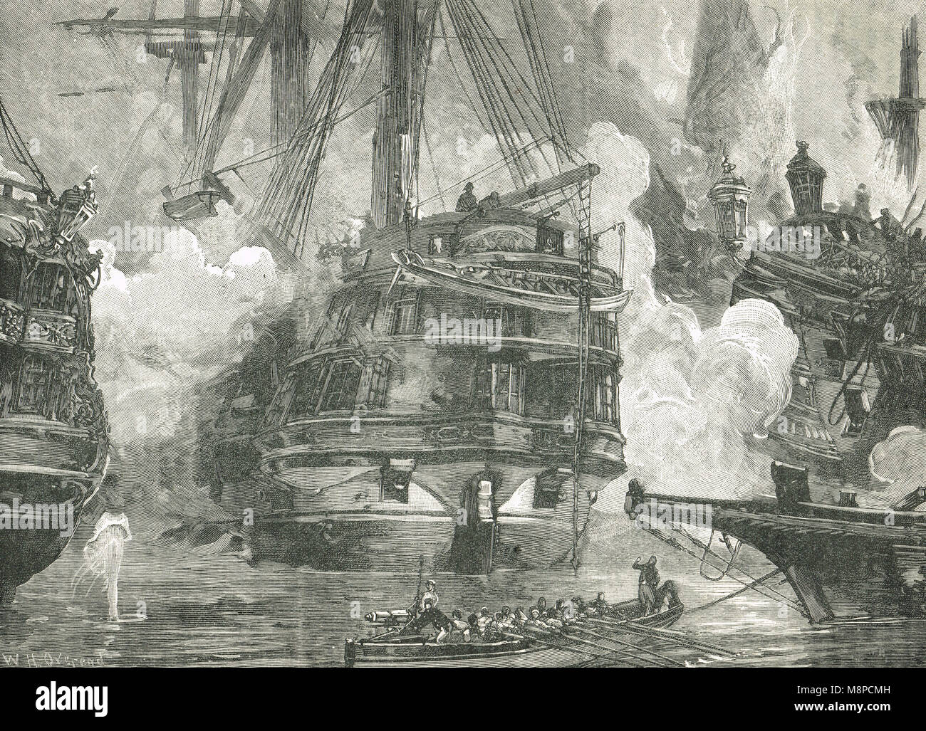 Battaglia di Navarino, 20 ottobre 1827, HMS Asia, ammiraglia di Edward Codrington, impegnando l'ammiraglio Ottomano Capitan Bey nave ammiraglia, Fahti Bahri e Moharram egiziano Bey la fregata Guerrière Foto Stock