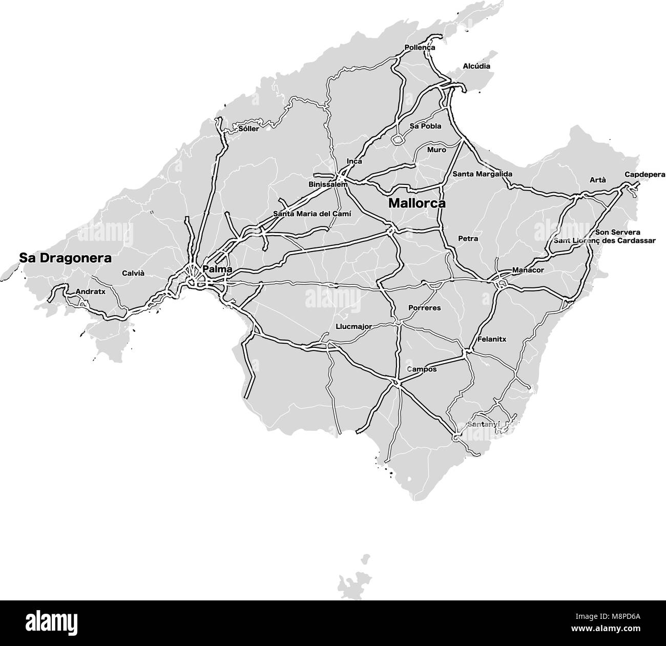 Mallorca Island mappa vettoriale. Autostrade e strade di città su sfondo grigio. Illustrazione Vettoriale