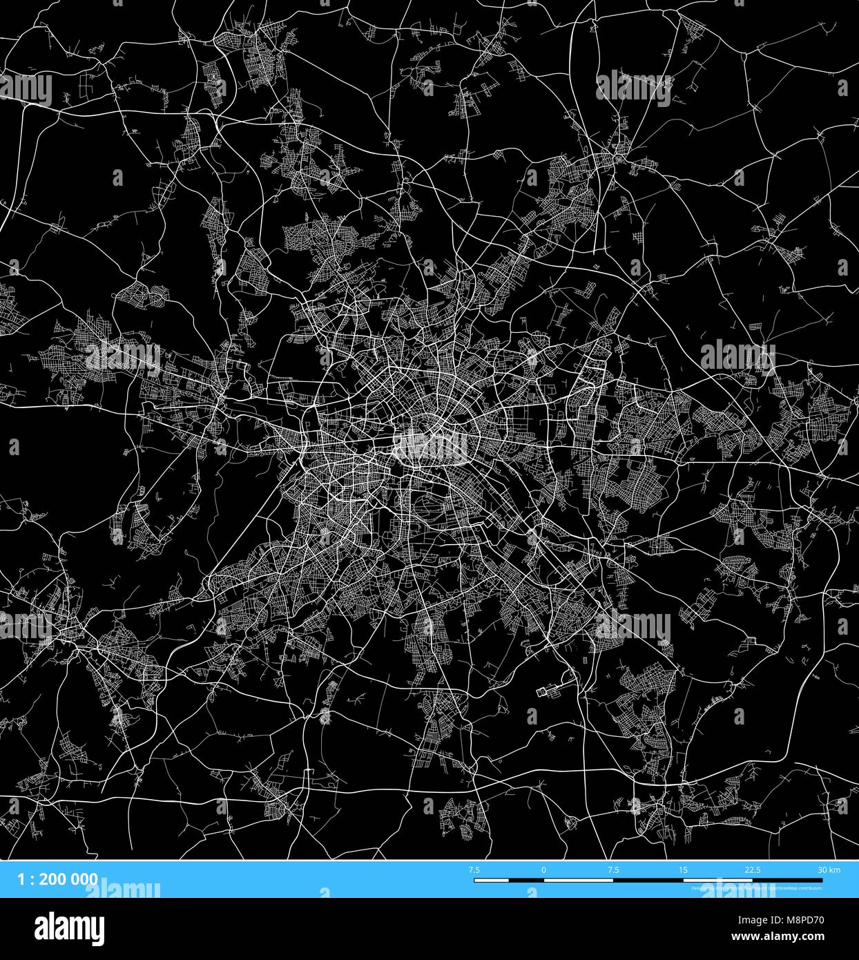Berlin Area Urbana Mappa della città. In bianco e nero di vettore versione Silhouette. Ricchi dettagli per autostrade, strade e le strade più piccole. Utilizzabile per viaggiare marketi Illustrazione Vettoriale