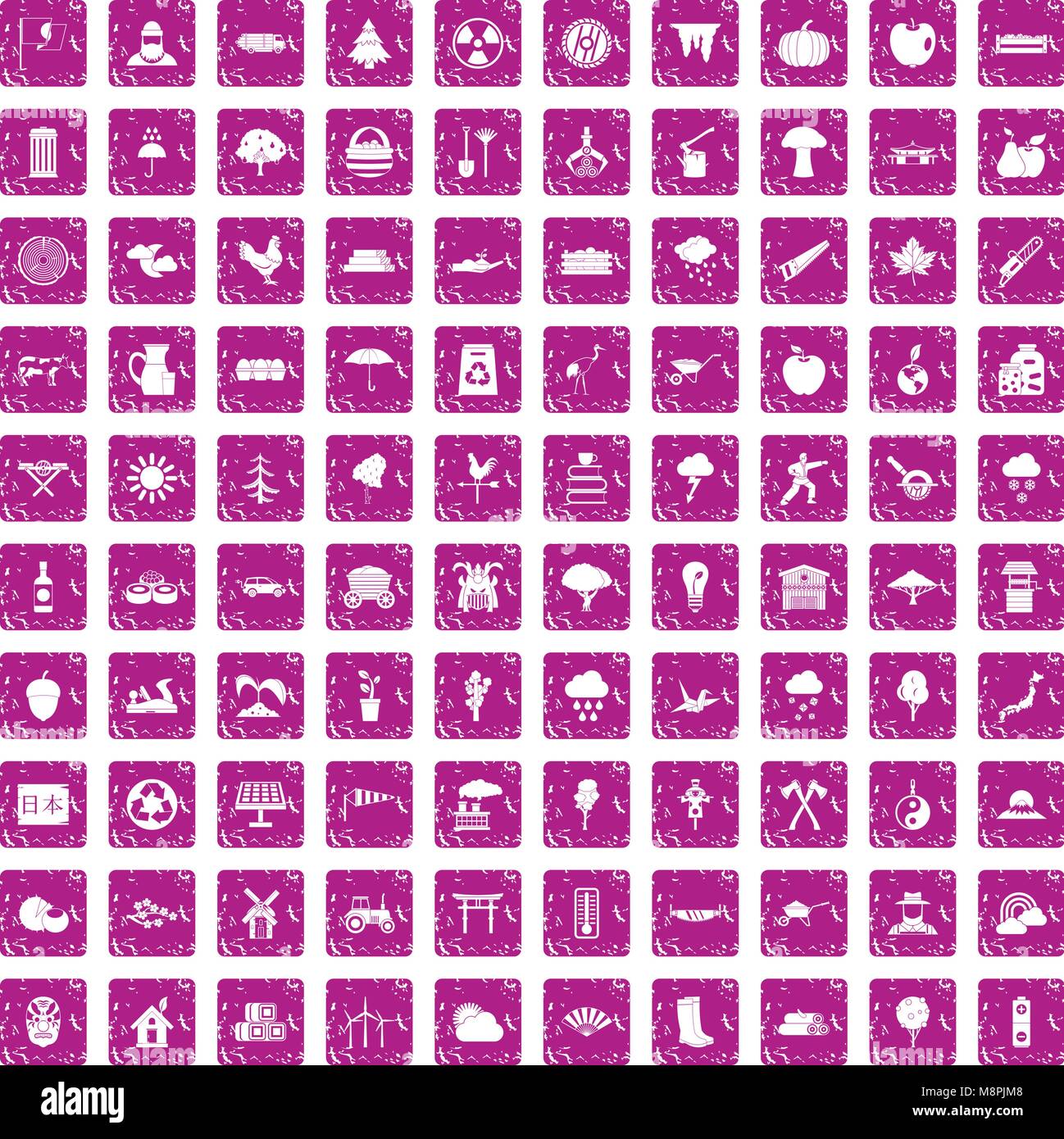 100 albero set di icone grunge rosa Illustrazione Vettoriale